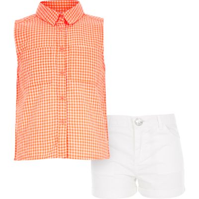 Girls orange gingham shirt and shorts outfit